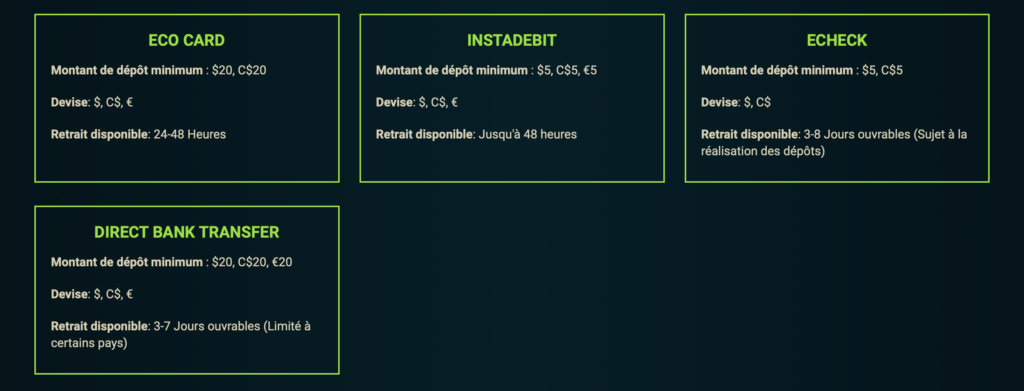 Gaming Club methodes de paiements