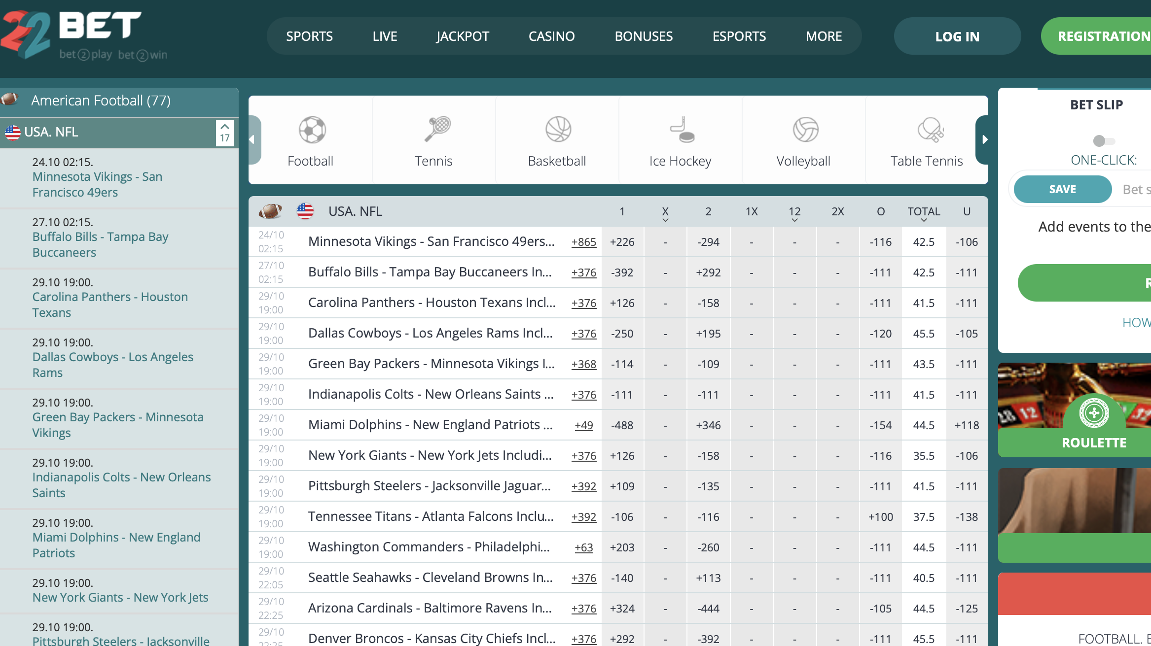 22Bet NFL Betting Canada