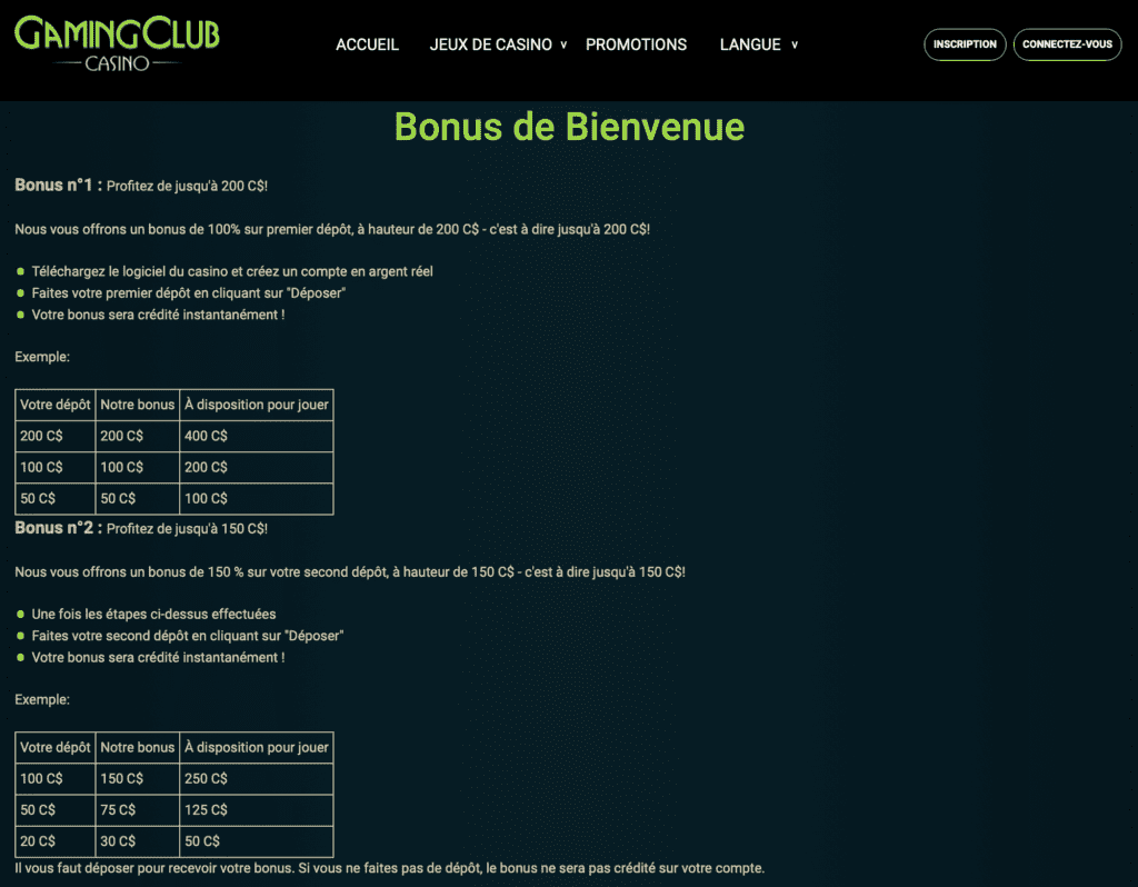 Gaming Club Bonus de Bienvenue